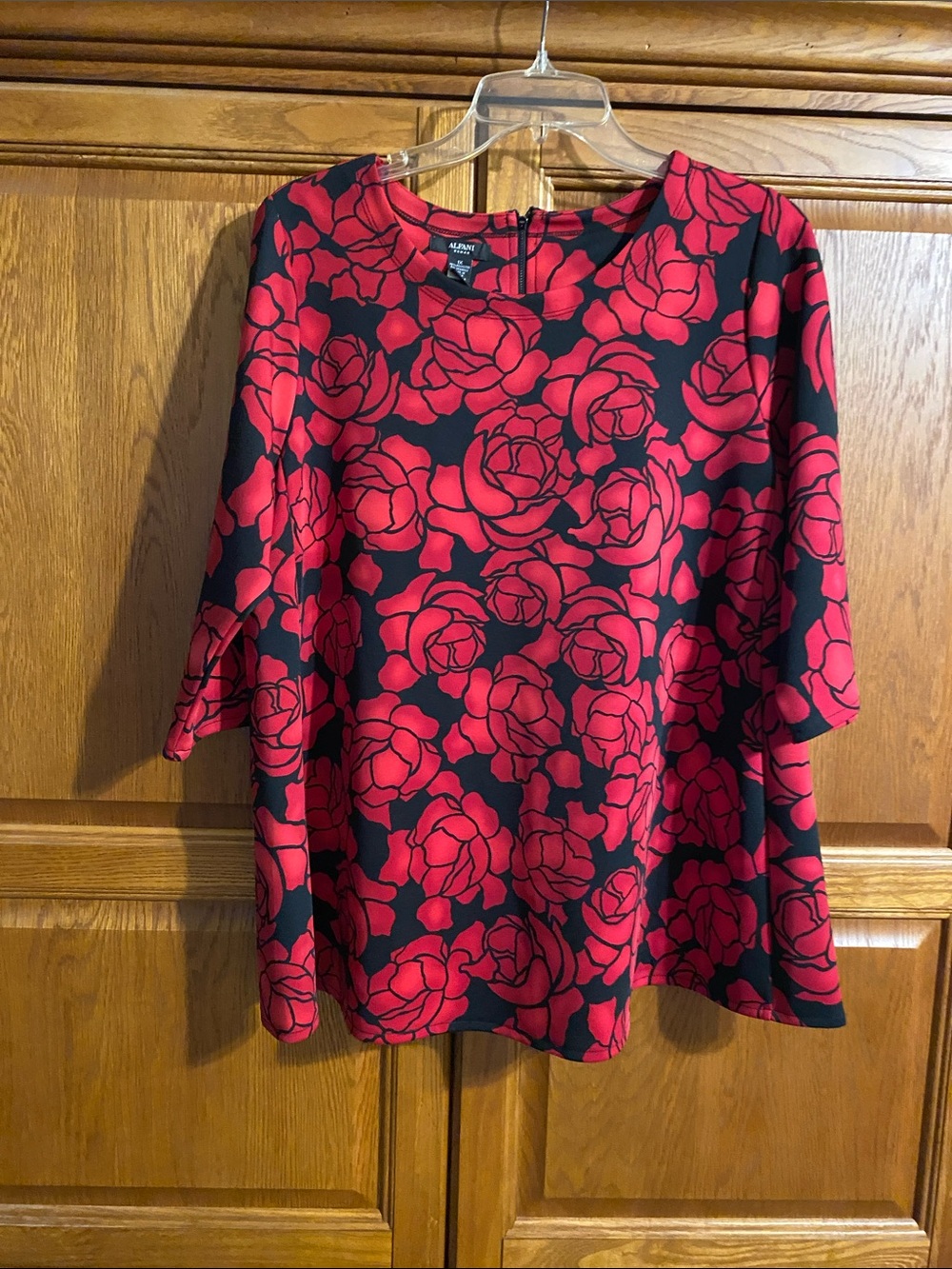 Alfani Black Blouse with Bold Red Rose Print